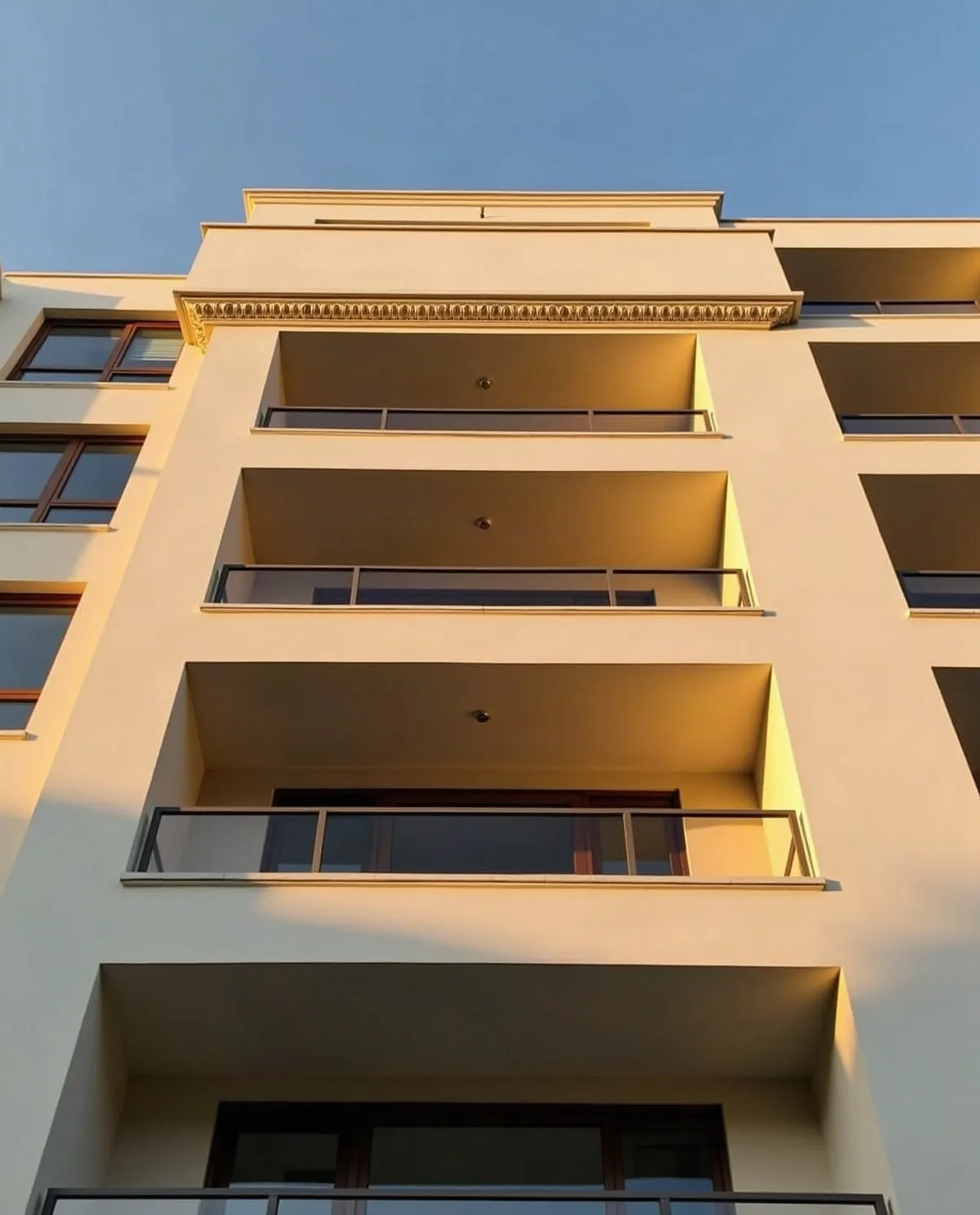 Altın saatte, kabartmalı bandıyla tamamlanmış apartman cephesi